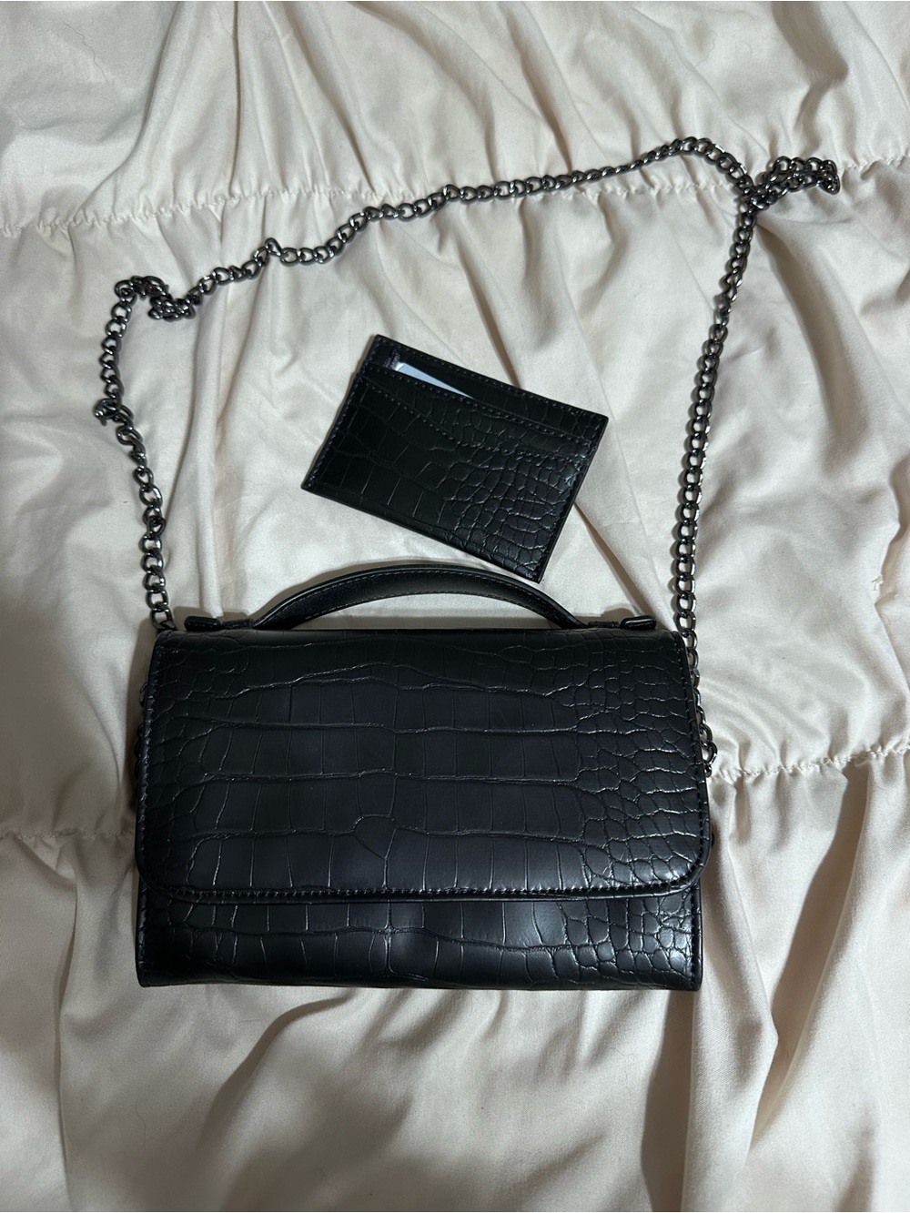 Simply Vera Vera Wang Black Croc-Embossed Chain Shoulder Bag with Card Holder